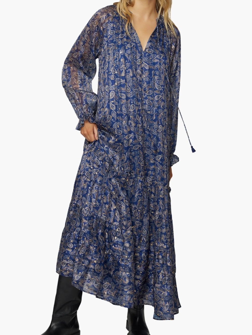 Lost + Wander Wish Upon Split Neck Navy Paisley Long-Sleeve Maxi Dress